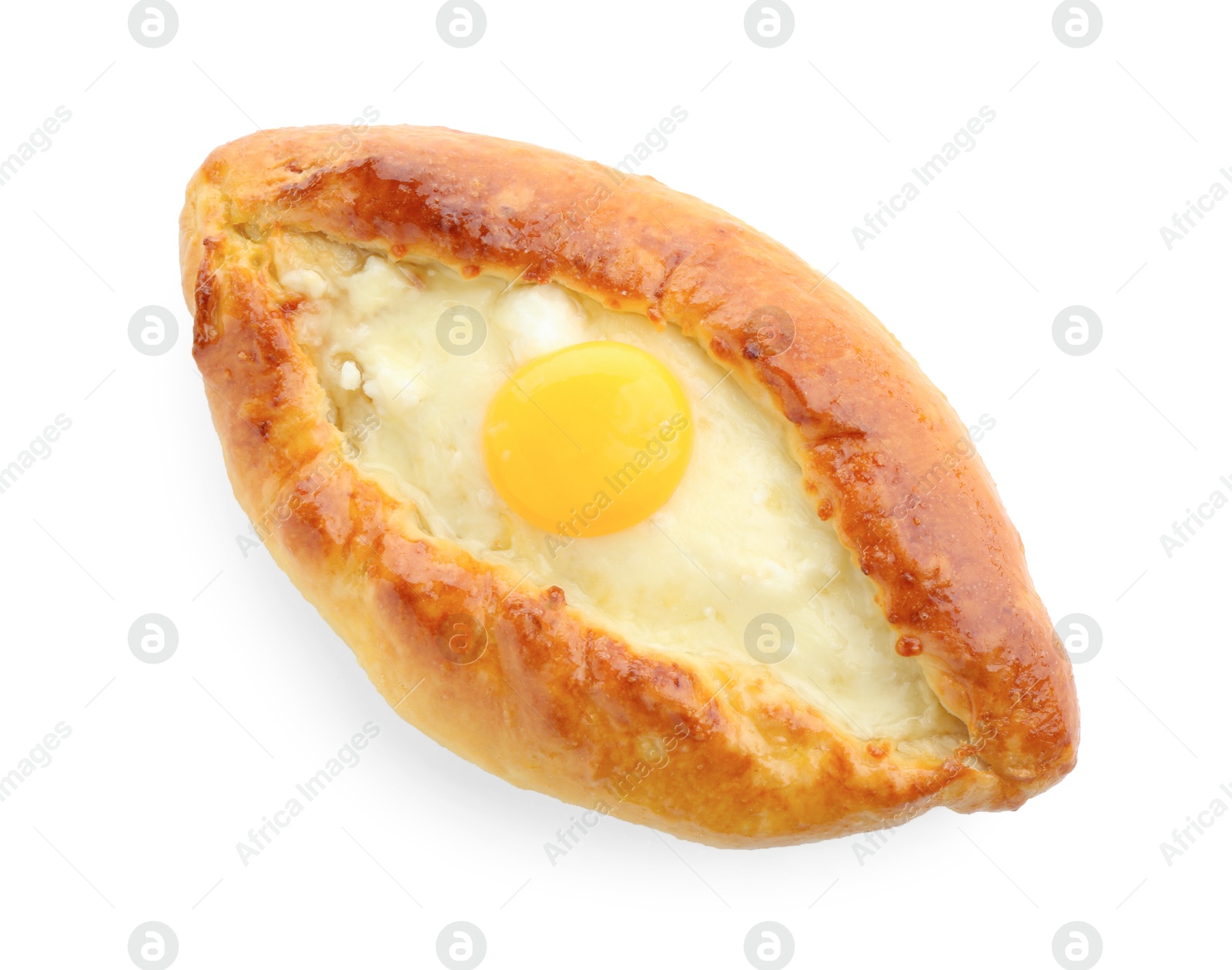 Photo of Tasty khachapuri with cheese and egg isolated on white, top view