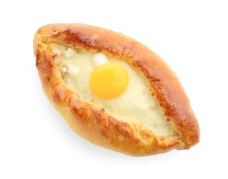 Photo of Tasty khachapuri with cheese and egg isolated on white, top view