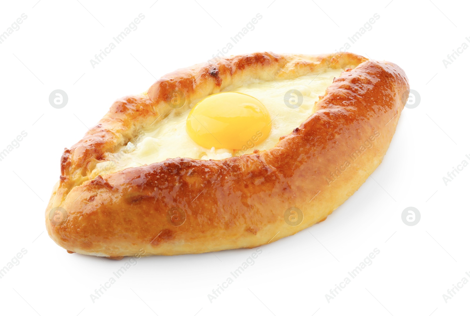 Photo of Tasty khachapuri with cheese and egg isolated on white