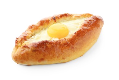 Photo of Tasty khachapuri with cheese and egg isolated on white