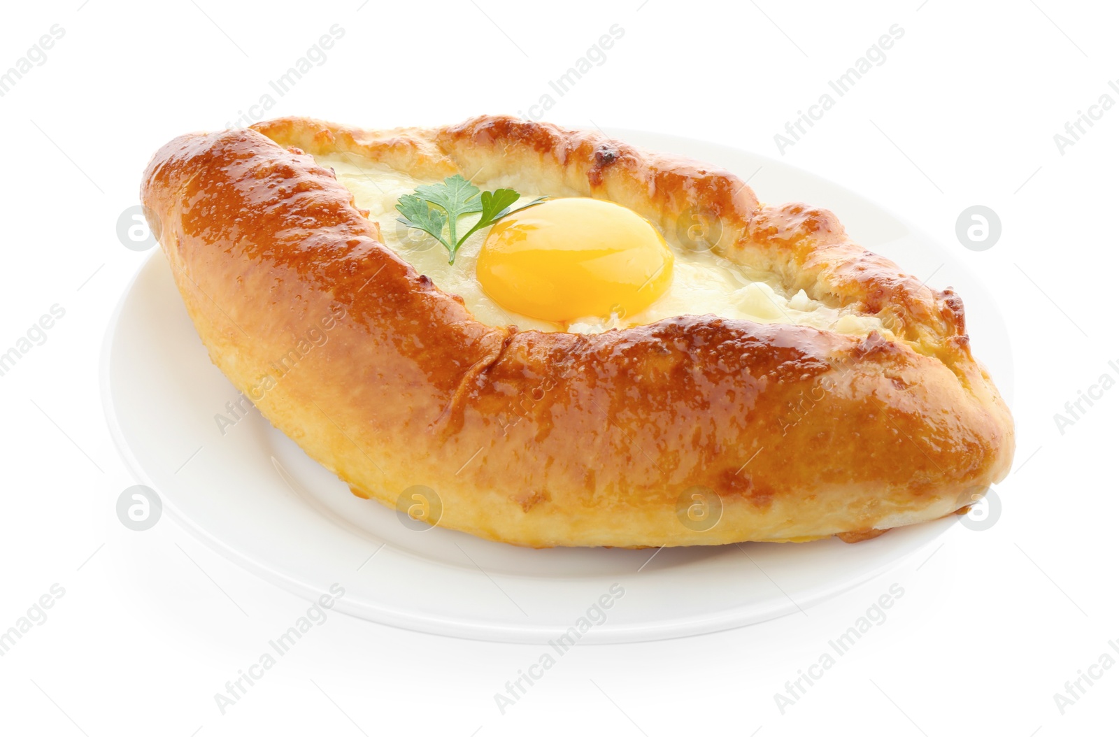 Photo of Tasty khachapuri with cheese and egg isolated on white