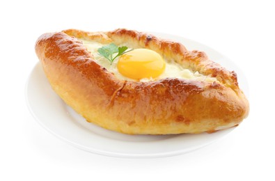 Photo of Tasty khachapuri with cheese and egg isolated on white