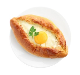 Photo of Tasty khachapuri with cheese and egg isolated on white, top view