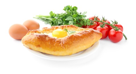 Photo of Tasty khachapuri with eggs, tomatoes and parsley isolated on white