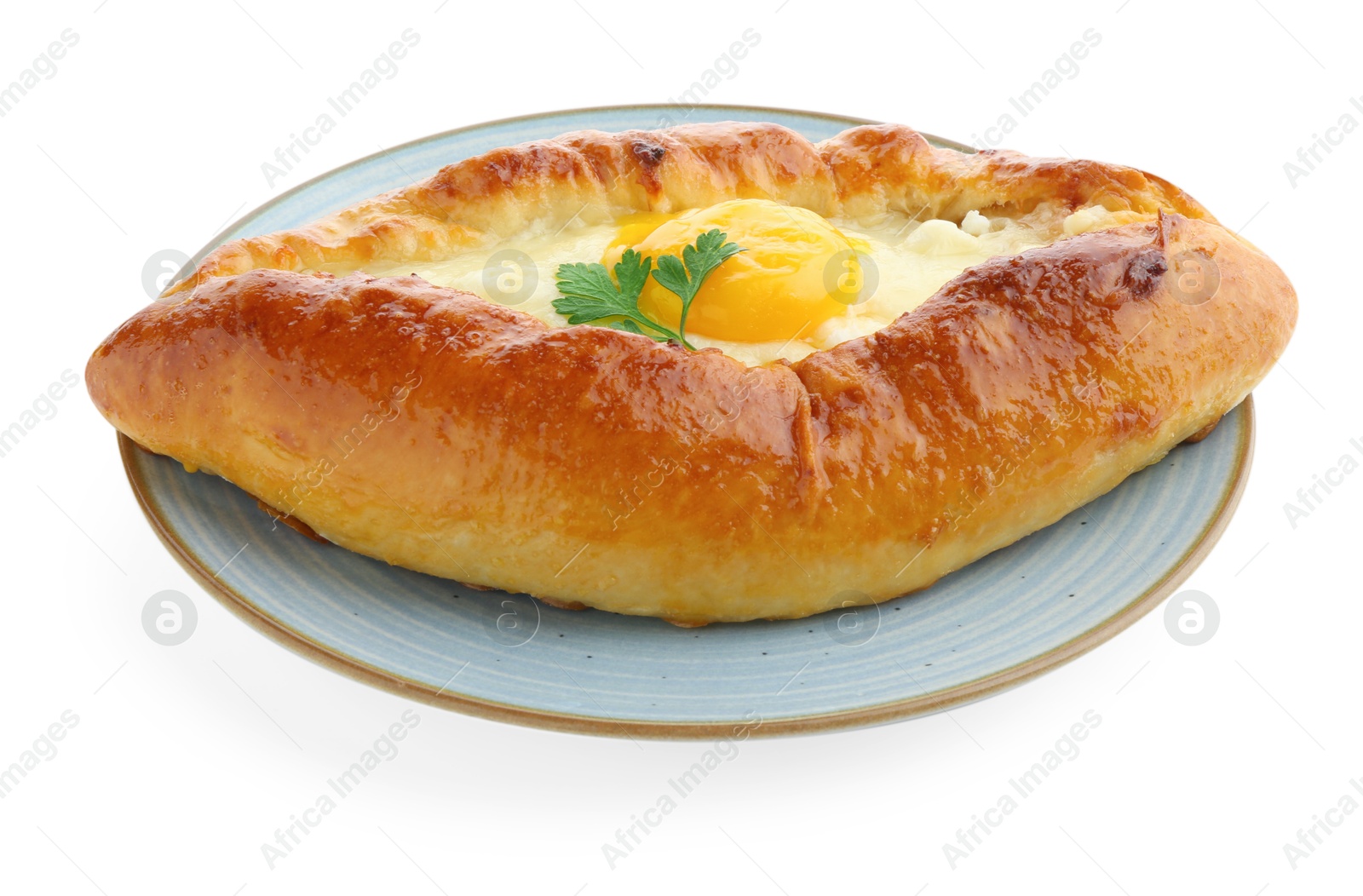 Photo of Tasty khachapuri with cheese and egg isolated on white