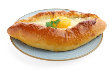 Photo of Tasty khachapuri with cheese and egg isolated on white
