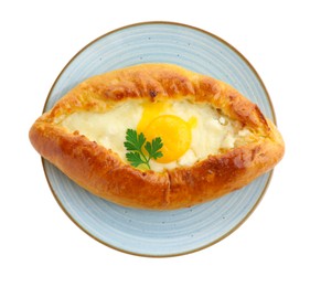 Photo of Tasty khachapuri with cheese and egg isolated on white, top view