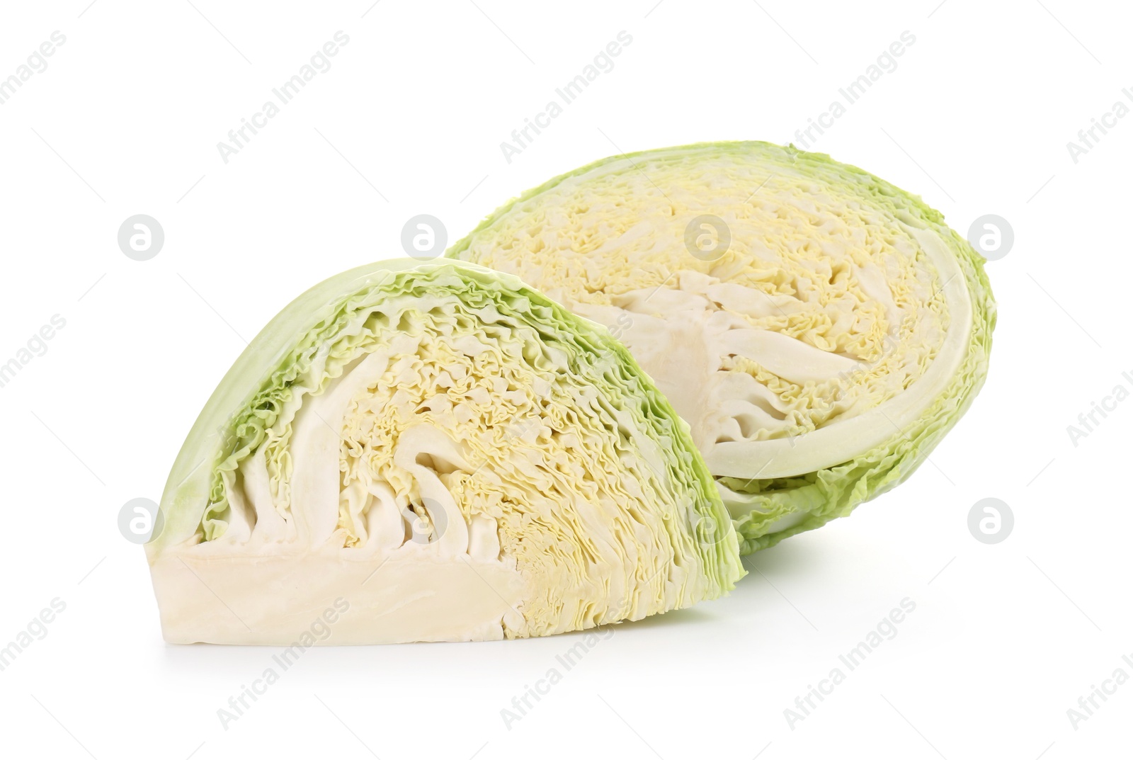 Photo of Pieces of fresh Savoy cabbage isolated on white