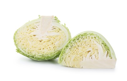 Photo of Pieces of fresh Savoy cabbage isolated on white