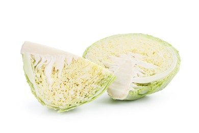 Photo of Pieces of fresh Savoy cabbage isolated on white