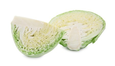 Photo of Pieces of fresh Savoy cabbage isolated on white
