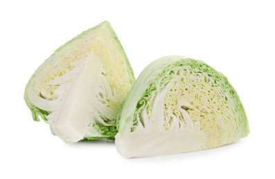 Photo of Pieces of fresh Savoy cabbage isolated on white