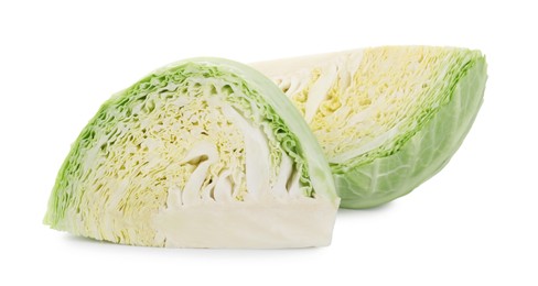 Photo of Pieces of fresh Savoy cabbage isolated on white
