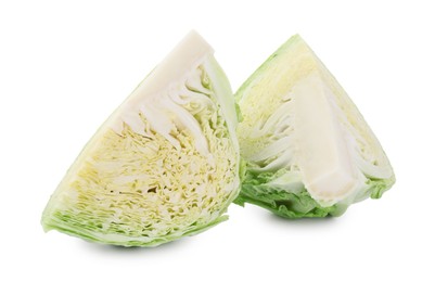 Photo of Pieces of fresh Savoy cabbage isolated on white