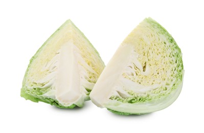 Photo of Pieces of fresh Savoy cabbage isolated on white