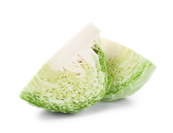 Photo of Pieces of fresh Savoy cabbage isolated on white