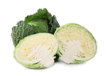 Photo of Whole and cut fresh Savoy cabbages isolated on white