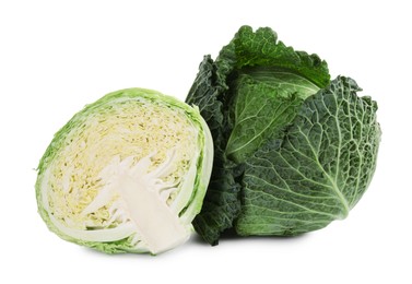 Photo of Whole and cut fresh Savoy cabbages isolated on white
