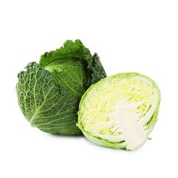 Photo of Whole and cut fresh Savoy cabbages isolated on white