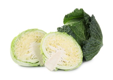 Photo of Whole and cut fresh Savoy cabbages isolated on white