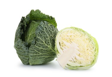 Photo of Whole and cut fresh Savoy cabbages isolated on white