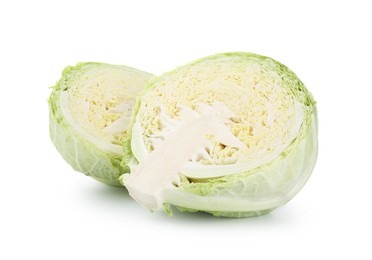 Photo of Halves of fresh Savoy cabbage isolated on white
