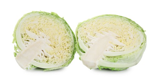 Photo of Halves of fresh Savoy cabbage isolated on white