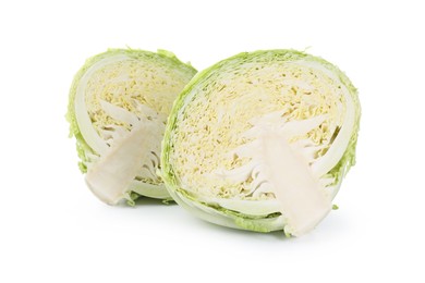 Photo of Halves of fresh Savoy cabbage isolated on white