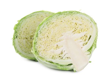 Photo of Halves of fresh Savoy cabbage isolated on white