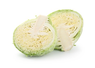 Photo of Halves of fresh Savoy cabbage isolated on white