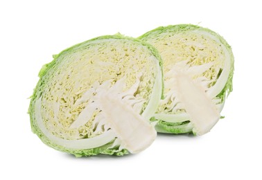 Photo of Halves of fresh Savoy cabbage isolated on white