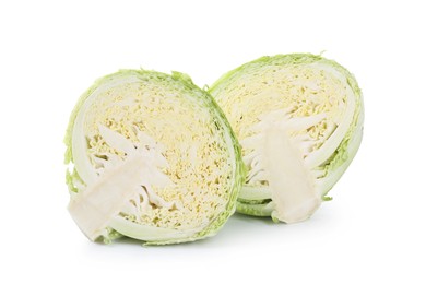 Photo of Halves of fresh Savoy cabbage isolated on white