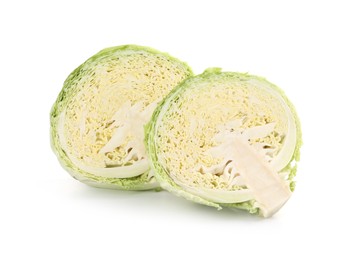 Photo of Halves of fresh Savoy cabbage isolated on white
