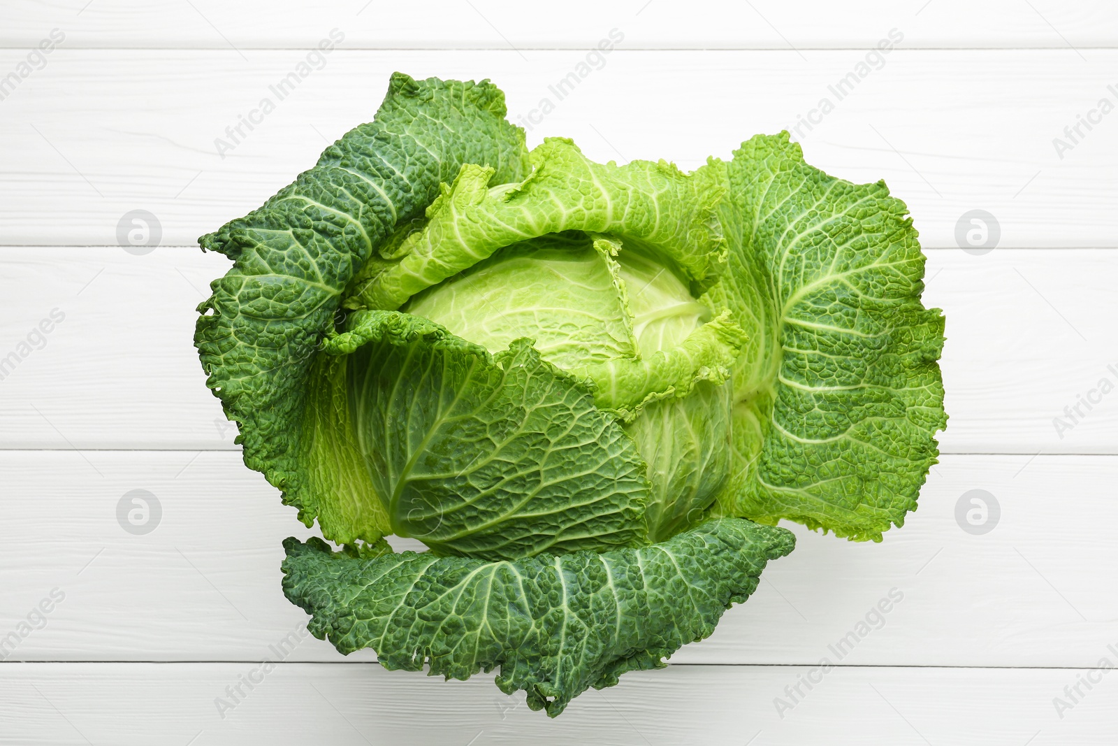 Photo of One fresh Savoy cabbage on white wooden table, top view