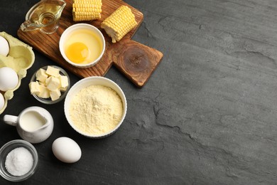 Photo of Cornbread preparation. Different ingredients on black textured table, flat lay. Space for text