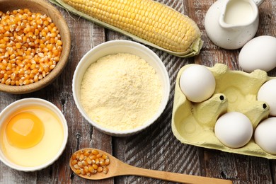 Photo of Cornbread preparation. Different ingredients on wooden table, flat lay