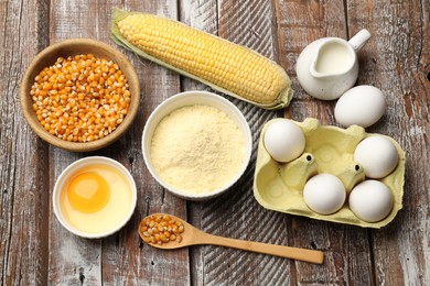 Photo of Cornbread preparation. Different ingredients on wooden table, flat lay