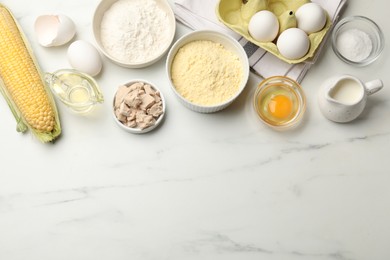 Photo of Making cornbread. Different ingredients on white marble table, flat lay. Space for text