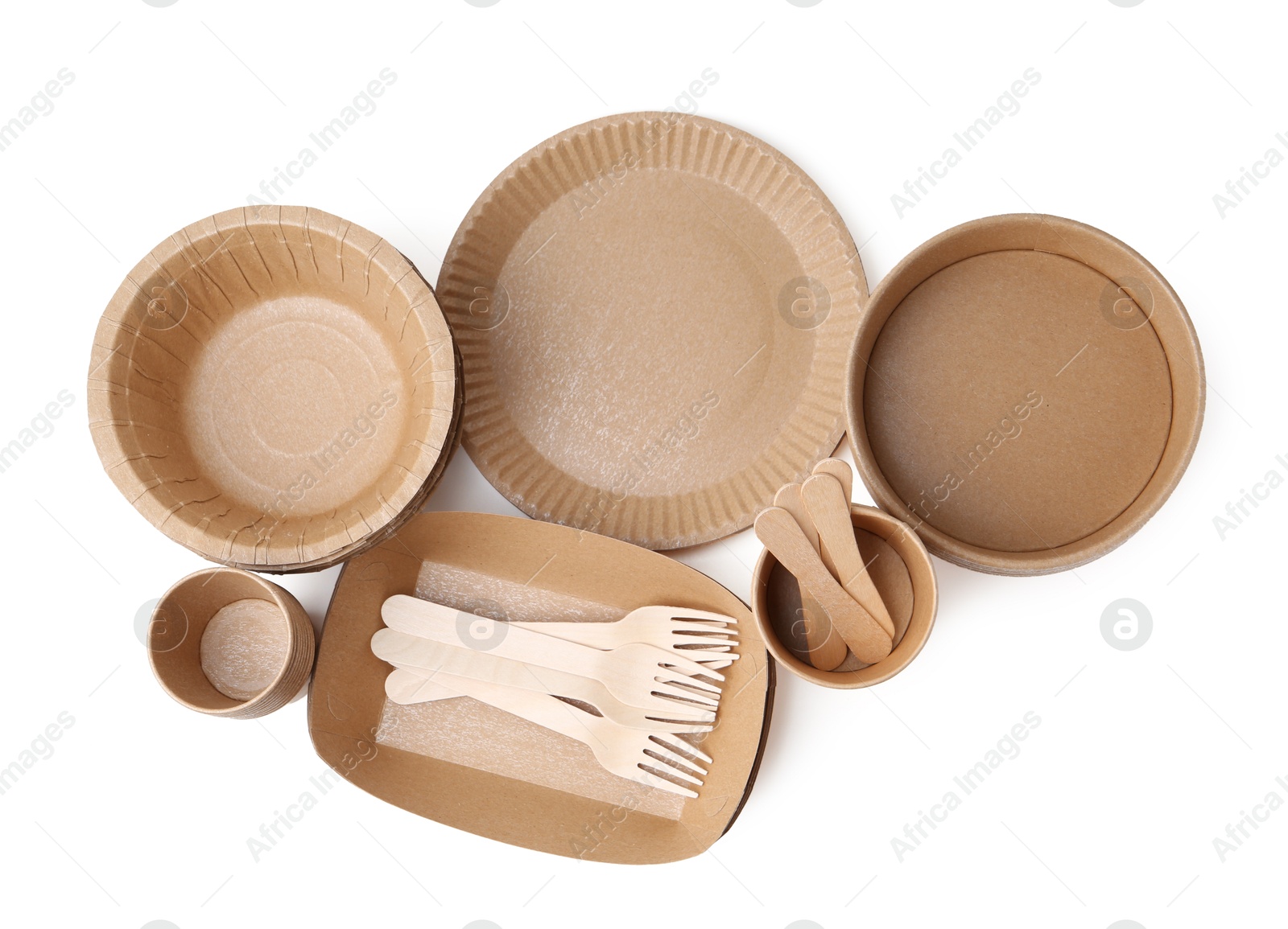 Photo of Set of disposable tableware isolated on white, top view