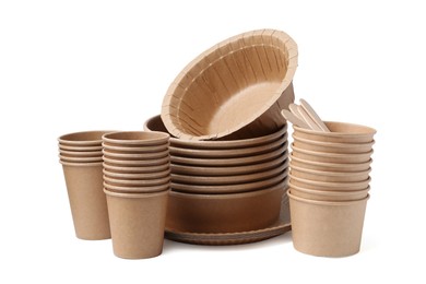 Photo of Set of disposable tableware isolated on white