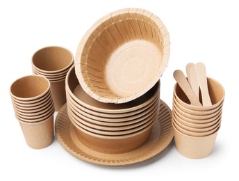 Photo of Set of disposable tableware isolated on white