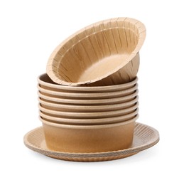Photo of Set of disposable bowls and plates isolated on white