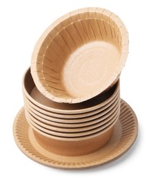 Photo of Set of disposable bowls and plates isolated on white