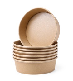 Photo of Set of disposable bowls isolated on white
