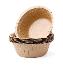 Photo of Set of disposable bowls isolated on white