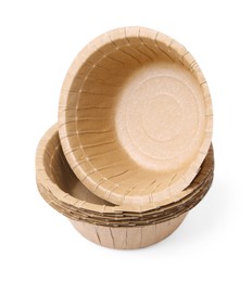 Photo of Set of disposable bowls isolated on white