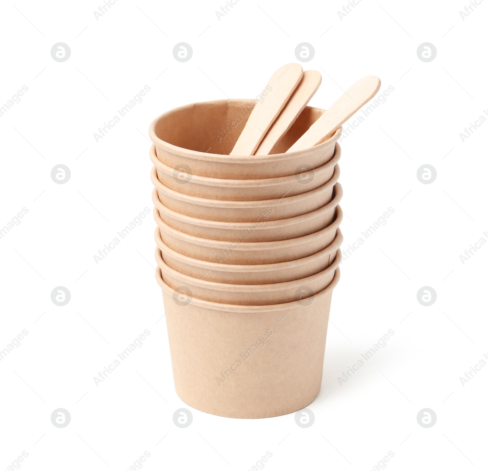 Set of disposable cups and wooden sticks isolated on white Photo of Set of disposable cups and wooden sticks isolated on white