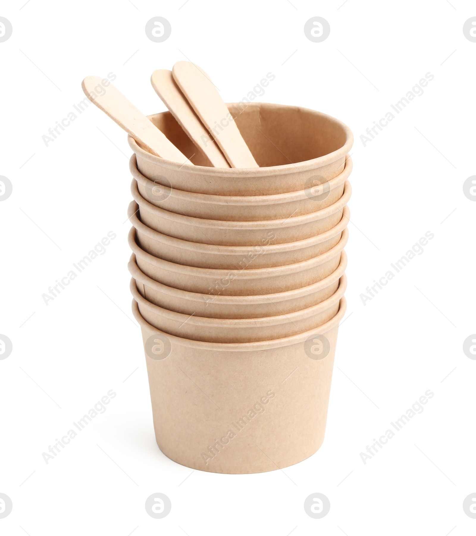 Set of disposable cups and wooden sticks isolated on white Photo of Set of disposable cups and wooden sticks isolated on white