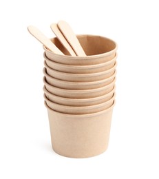 Photo of Set of disposable cups and wooden sticks isolated on white