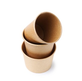 Photo of Set of disposable cups isolated on white